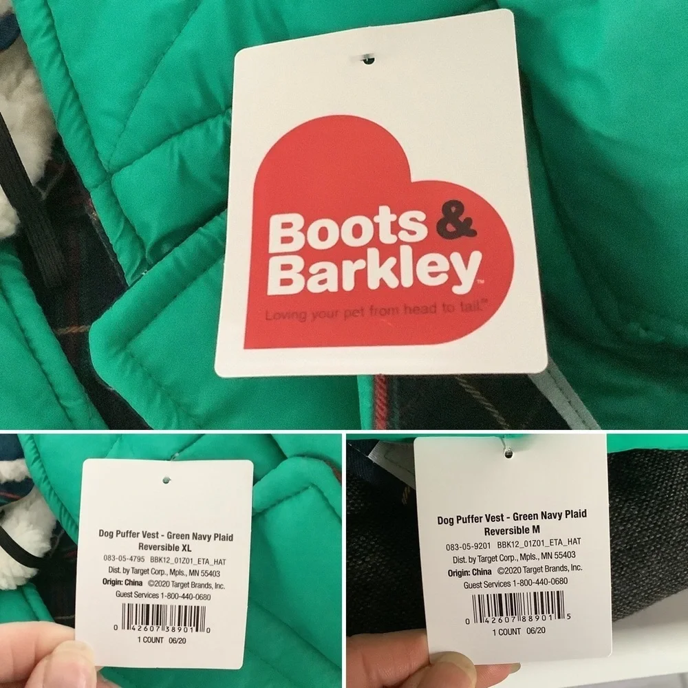BOOTS & BARKLEY Reversible Puffer Vest XL Dog Coat NEW Green Navy Plaid Winter